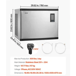 VEVOR Commercial Ice Maker Machine - Head, 1000 Lbs/Day Stainless Steel Ice Machine with Scheduled Ice-Making, Self-Cleaning, Adjustable Thickness, Ideal for Restaurant Bar Cafe Hotel - Head Only