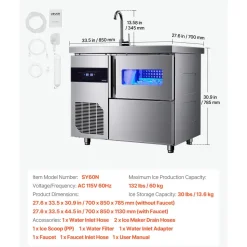 VEVOR Commercial Ice Maker Machine, 132 lbs/24H Stainless Steel Worktop Ice Machine with Sink, 30 lbs Storage & 70 Cubes/Cycle, Self-Cleaning Freestanding Ice-Making for Home Bar Restaurant Kitchen