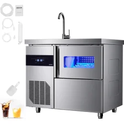 VEVOR Commercial Ice Maker Machine, 132 lbs/24H Stainless Steel Worktop Ice Machine with Sink, 30 lbs Storage & 70 Cubes/Cycle, Self-Cleaning Freestanding Ice-Making for Home Bar Restaurant Kitchen