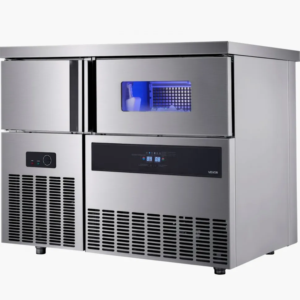 VEVOR Commercial Ice Maker Machine, 330 lbs/24H Stainless Steel Ice Machine with Worktop, 88 lbs Storage & 144 Cubes/Cycle, Self-Cleaning Freestanding Ice-Making for Home Bar Office Restaurant Kitchen