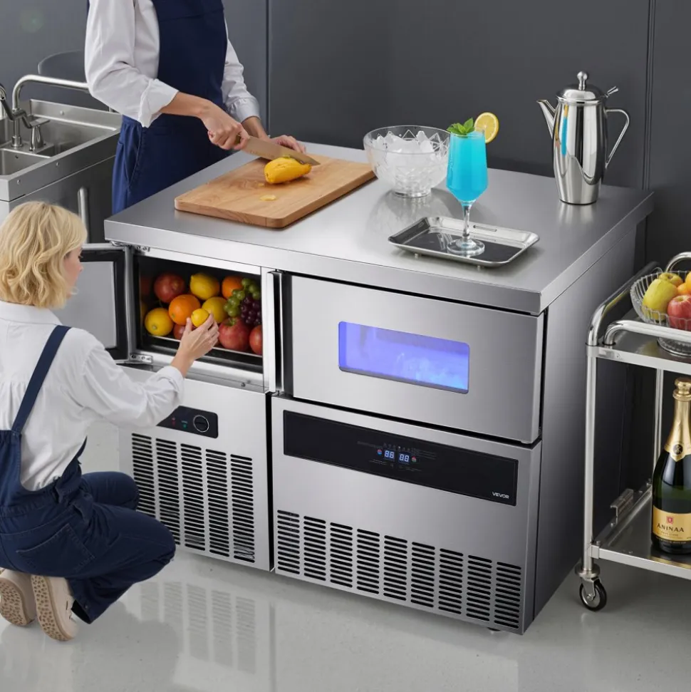 VEVOR Commercial Ice Maker Machine, 330 lbs/24H Stainless Steel Ice Machine with Worktop, 88 lbs Storage & 144 Cubes/Cycle, Self-Cleaning Freestanding Ice-Making for Home Bar Office Restaurant Kitchen