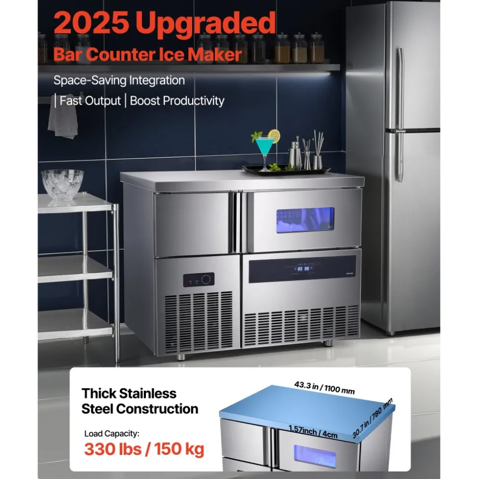 VEVOR Commercial Ice Maker Machine, 330 lbs/24H Stainless Steel Ice Machine with Worktop, 88 lbs Storage & 144 Cubes/Cycle, Self-Cleaning Freestanding Ice-Making for Home Bar Office Restaurant Kitchen