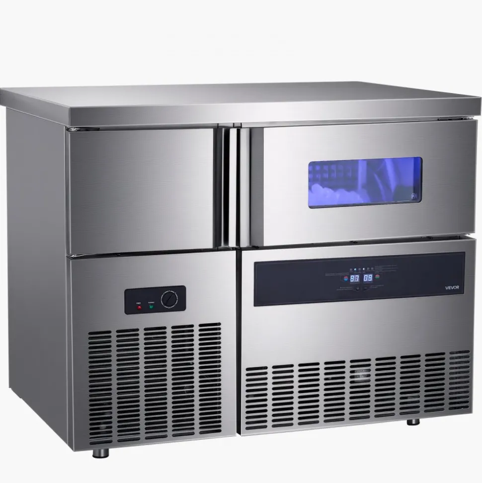 VEVOR Commercial Ice Maker Machine, 330 lbs/24H Stainless Steel Ice Machine with Worktop, 88 lbs Storage & 144 Cubes/Cycle, Self-Cleaning Freestanding Ice-Making for Home Bar Office Restaurant Kitchen