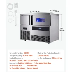 VEVOR Commercial Ice Maker Machine, 330 lbs/24H Stainless Steel Ice Machine with Worktop, 88 lbs Storage & 144 Cubes/Cycle, Self-Cleaning Freestanding Ice-Making for Home Bar Office Restaurant Kitchen