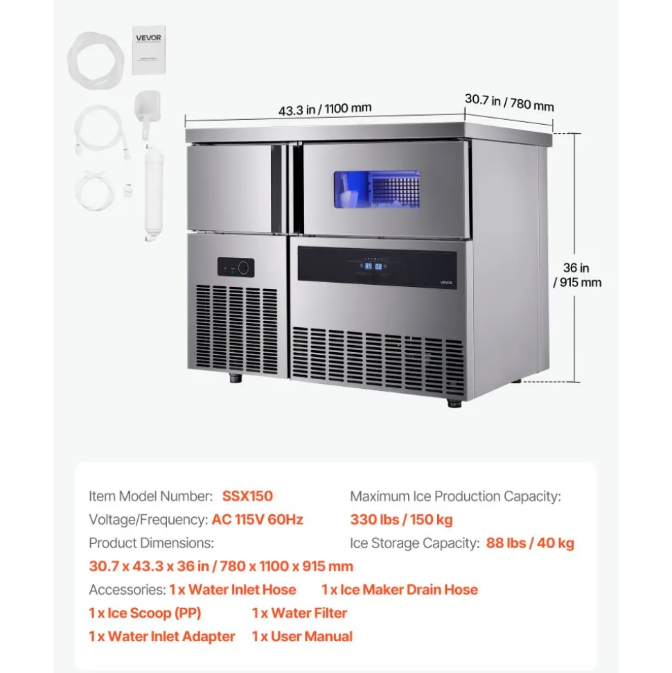 VEVOR Commercial Ice Maker Machine, 330 lbs/24H Stainless Steel Ice Machine with Worktop, 88 lbs Storage & 144 Cubes/Cycle, Self-Cleaning Freestanding Ice-Making for Home Bar Office Restaurant Kitchen