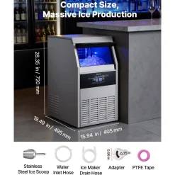 VEVOR Commercial Ice Maker Machine, 160 lbs/24h with 30 lbs Storage Capacity, Built-in/Freestanding/Under Counter, Stainless Steel Ice Maker with LED Display & Self-Cleaning, for Home Bar Restaurant