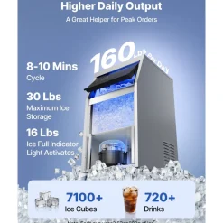 VEVOR Commercial Ice Maker Machine, 160 lbs/24h with 30 lbs Storage Capacity, Built-in/Freestanding/Under Counter, Stainless Steel Ice Maker with LED Display & Self-Cleaning, for Home Bar Restaurant