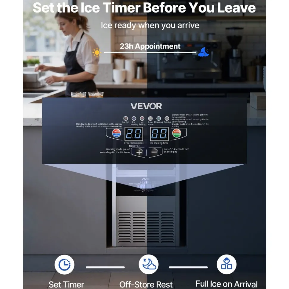VEVOR Commercial Ice Maker Machine, 160 lbs/24h with 30 lbs Storage Capacity, Built-in/Freestanding/Under Counter, Stainless Steel Ice Maker with LED Display & Self-Cleaning, for Home Bar Restaurant