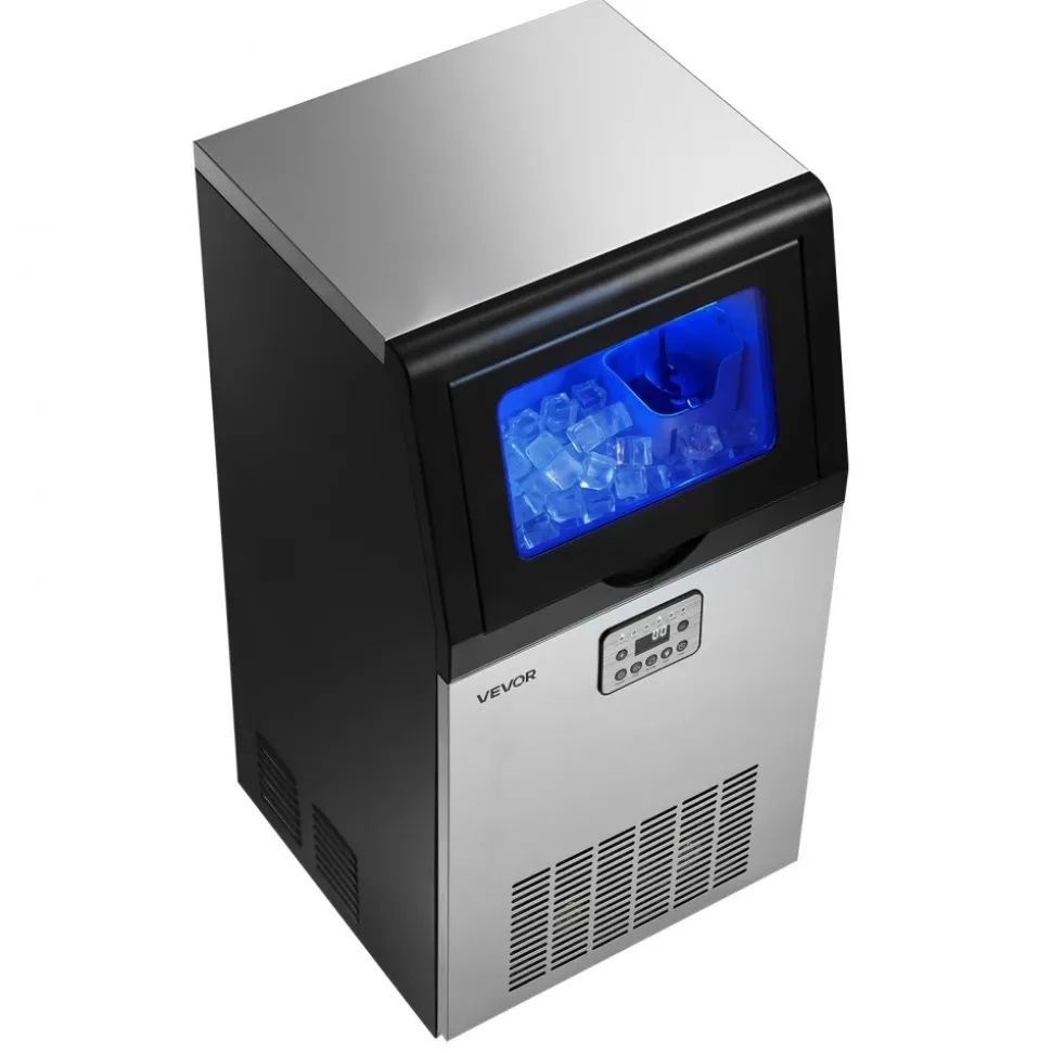 VEVOR Commercial Ice Maker Machine with Pump, 100 lbs/24h with 26 lbs Storage Capacity, Built-in/Freestanding/Under Counter, Stainless Steel Ice Maker with LED Display & Self-Cleaning, for Home Bar