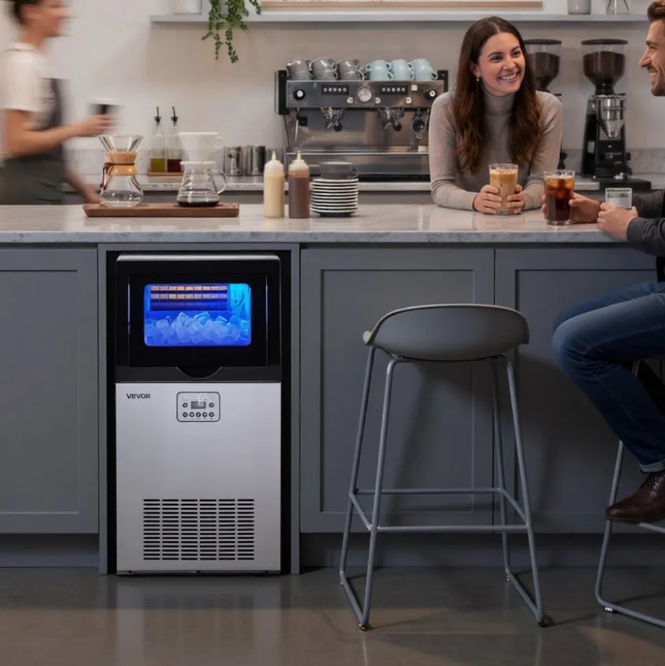 VEVOR Commercial Ice Maker Machine with Pump, 100 lbs/24h with 26 lbs Storage Capacity, Built-in/Freestanding/Under Counter, Stainless Steel Ice Maker with LED Display & Self-Cleaning, for Home Bar