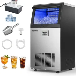 VEVOR Commercial Ice Maker Machine with Pump, 100 lbs/24h with 26 lbs Storage Capacity, Built-in/Freestanding/Under Counter, Stainless Steel Ice Maker with LED Display & Self-Cleaning, for Home Bar