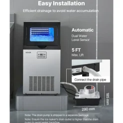 VEVOR Commercial Ice Maker Machine with Pump, 100 lbs/24h with 26 lbs Storage Capacity, Built-in/Freestanding/Under Counter, Stainless Steel Ice Maker with LED Display & Self-Cleaning, for Home Bar