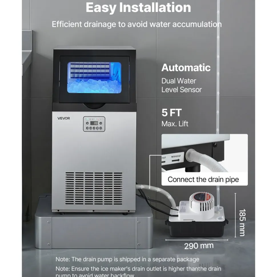 VEVOR Commercial Ice Maker Machine with Pump, 100 lbs/24h with 26 lbs Storage Capacity, Built-in/Freestanding/Under Counter, Stainless Steel Ice Maker with LED Display & Self-Cleaning, for Home Bar