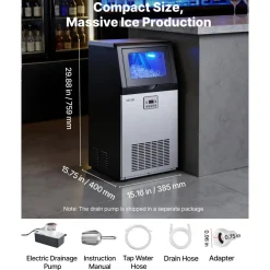 VEVOR Commercial Ice Maker Machine with Pump, 100 lbs/24h with 26 lbs Storage Capacity, Built-in/Freestanding/Under Counter, Stainless Steel Ice Maker with LED Display & Self-Cleaning, for Home Bar
