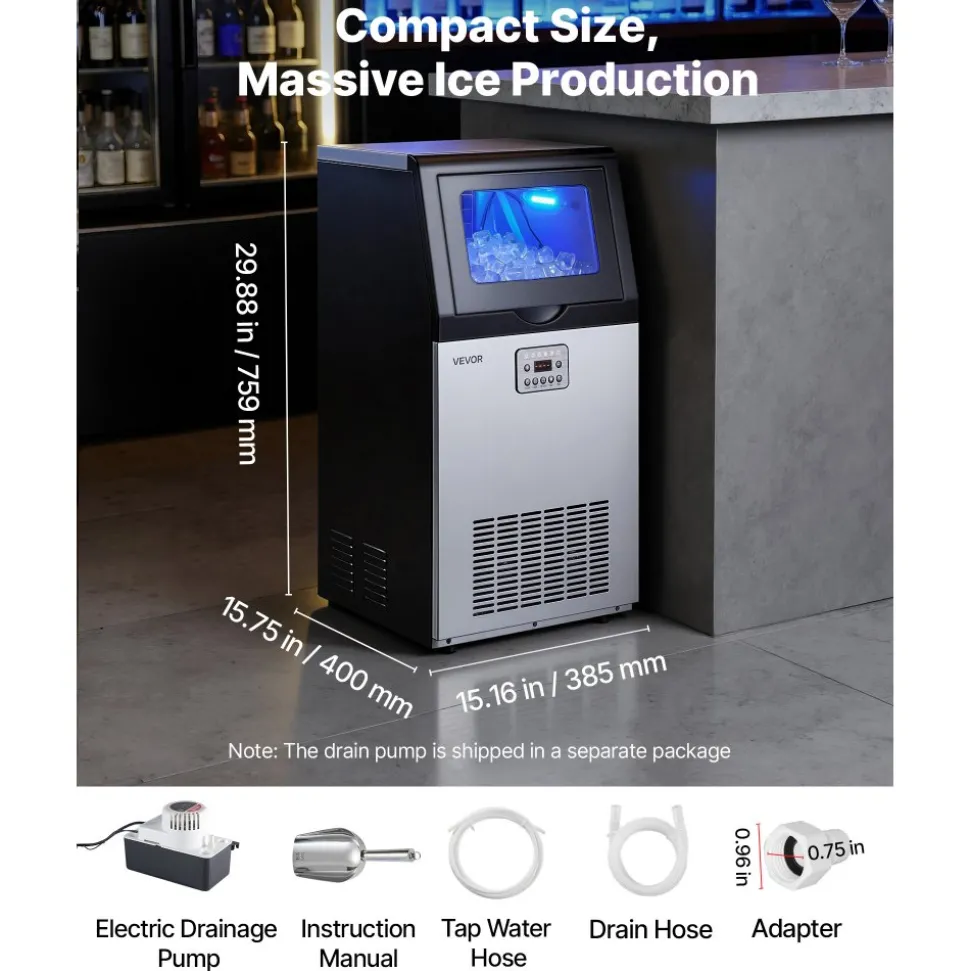 VEVOR Commercial Ice Maker Machine with Pump, 100 lbs/24h with 26 lbs Storage Capacity, Built-in/Freestanding/Under Counter, Stainless Steel Ice Maker with LED Display & Self-Cleaning, for Home Bar