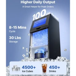 VEVOR Commercial Ice Maker Machine with Pump, 100 lbs/24h with 26 lbs Storage Capacity, Built-in/Freestanding/Under Counter, Stainless Steel Ice Maker with LED Display & Self-Cleaning, for Home Bar