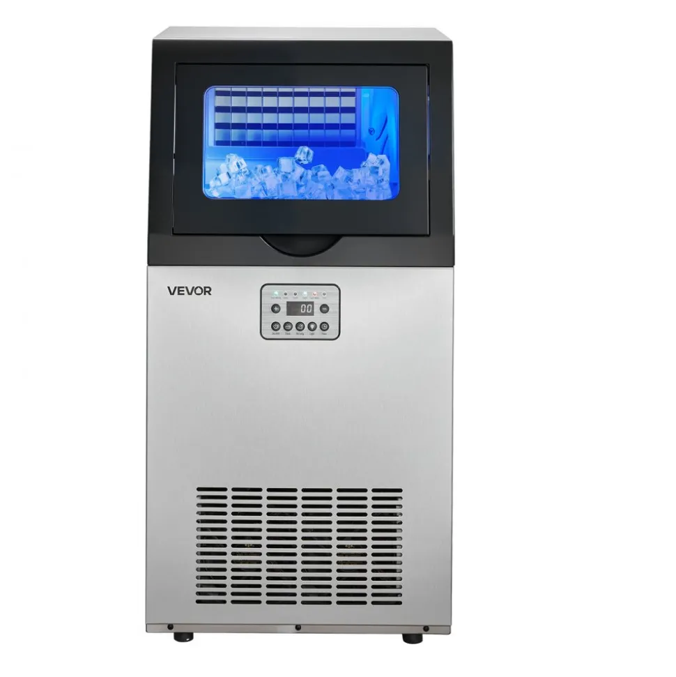 VEVOR Commercial Ice Maker Machine with Pump, 100 lbs/24h with 26 lbs Storage Capacity, Built-in/Freestanding/Under Counter, Stainless Steel Ice Maker with LED Display & Self-Cleaning, for Home Bar