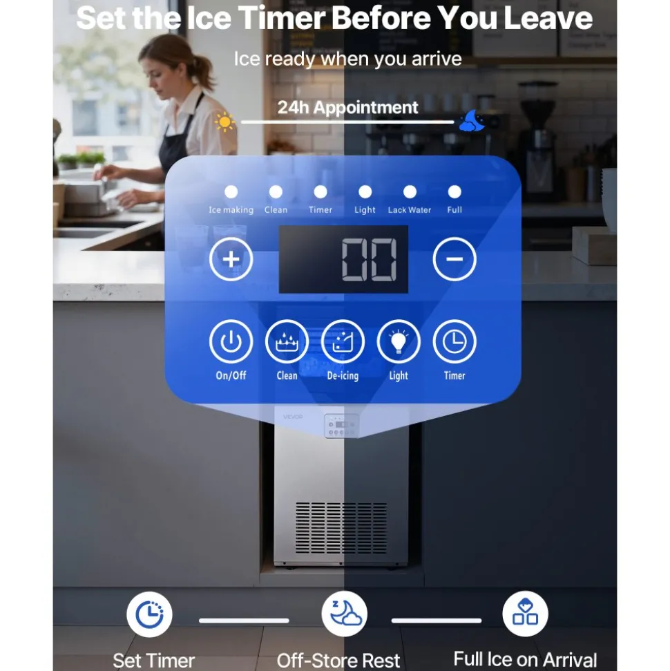 VEVOR Commercial Ice Maker Machine with Pump, 100 lbs/24h with 26 lbs Storage Capacity, Built-in/Freestanding/Under Counter, Stainless Steel Ice Maker with LED Display & Self-Cleaning, for Home Bar