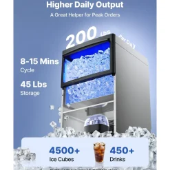 VEVOR Commercial Ice Maker Machine, 200 lbs/24h with 50 lbs Storage Capacity, Built-in/Freestanding/Under Counter, Stainless Steel Ice Maker with LED Display & Self-Cleaning, for Home Bar Restaurant
