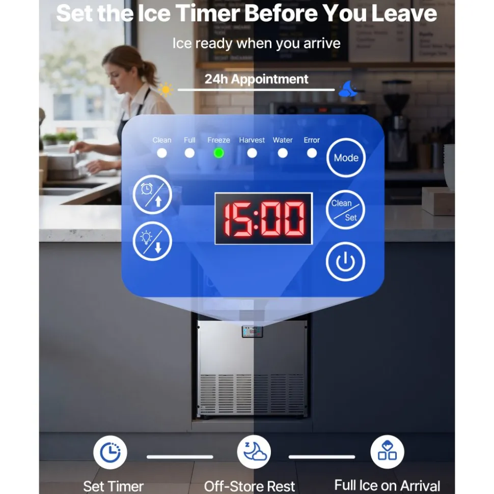 VEVOR Commercial Ice Maker Machine, 200 lbs/24h with 50 lbs Storage Capacity, Built-in/Freestanding/Under Counter, Stainless Steel Ice Maker with LED Display & Self-Cleaning, for Home Bar Restaurant