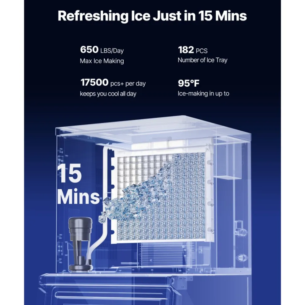 VEVOR Commercial Ice Maker Machine, 650LBS/24H Ice-Making Machine with 250LBS Stainless Steel Storage Bin, Auto Self-Cleaning Ice Maker with Touchscreen for Bar Cafe Restaurant Business Commercial