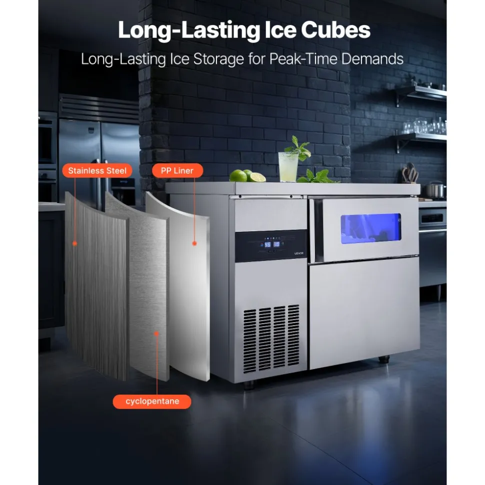 VEVOR Commercial Ice Maker Machine, 220 lbs/24H Stainless Steel Ice Machine with Worktop, 66 lbs Storage & 108 Cubes/Cycle, Self-Cleaning Freestanding Ice-Making for Home Bar Office Restaurant Kitchen
