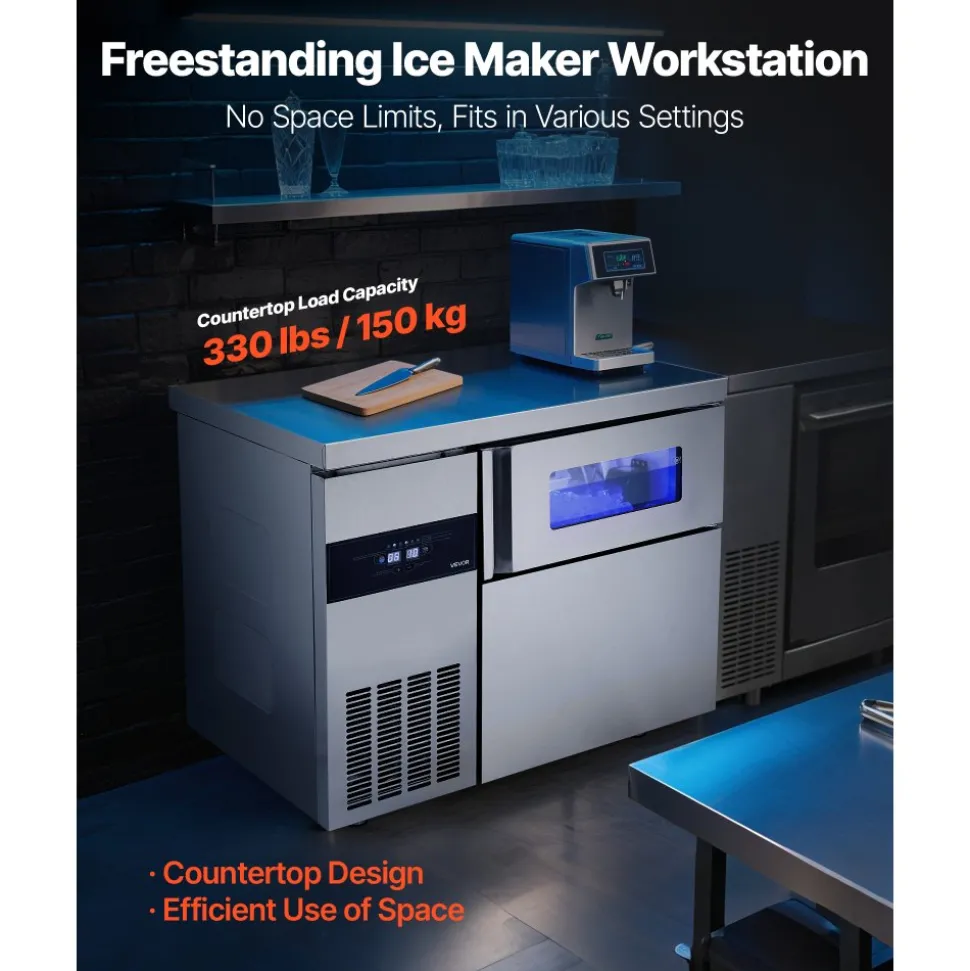 VEVOR Commercial Ice Maker Machine, 220 lbs/24H Stainless Steel Ice Machine with Worktop, 66 lbs Storage & 108 Cubes/Cycle, Self-Cleaning Freestanding Ice-Making for Home Bar Office Restaurant Kitchen