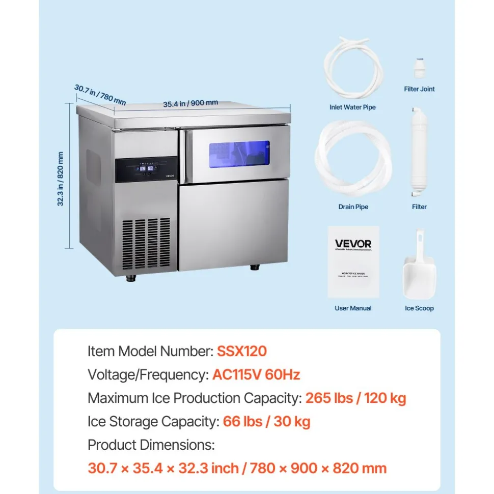 VEVOR Commercial Ice Maker Machine, 220 lbs/24H Stainless Steel Ice Machine with Worktop, 66 lbs Storage & 108 Cubes/Cycle, Self-Cleaning Freestanding Ice-Making for Home Bar Office Restaurant Kitchen