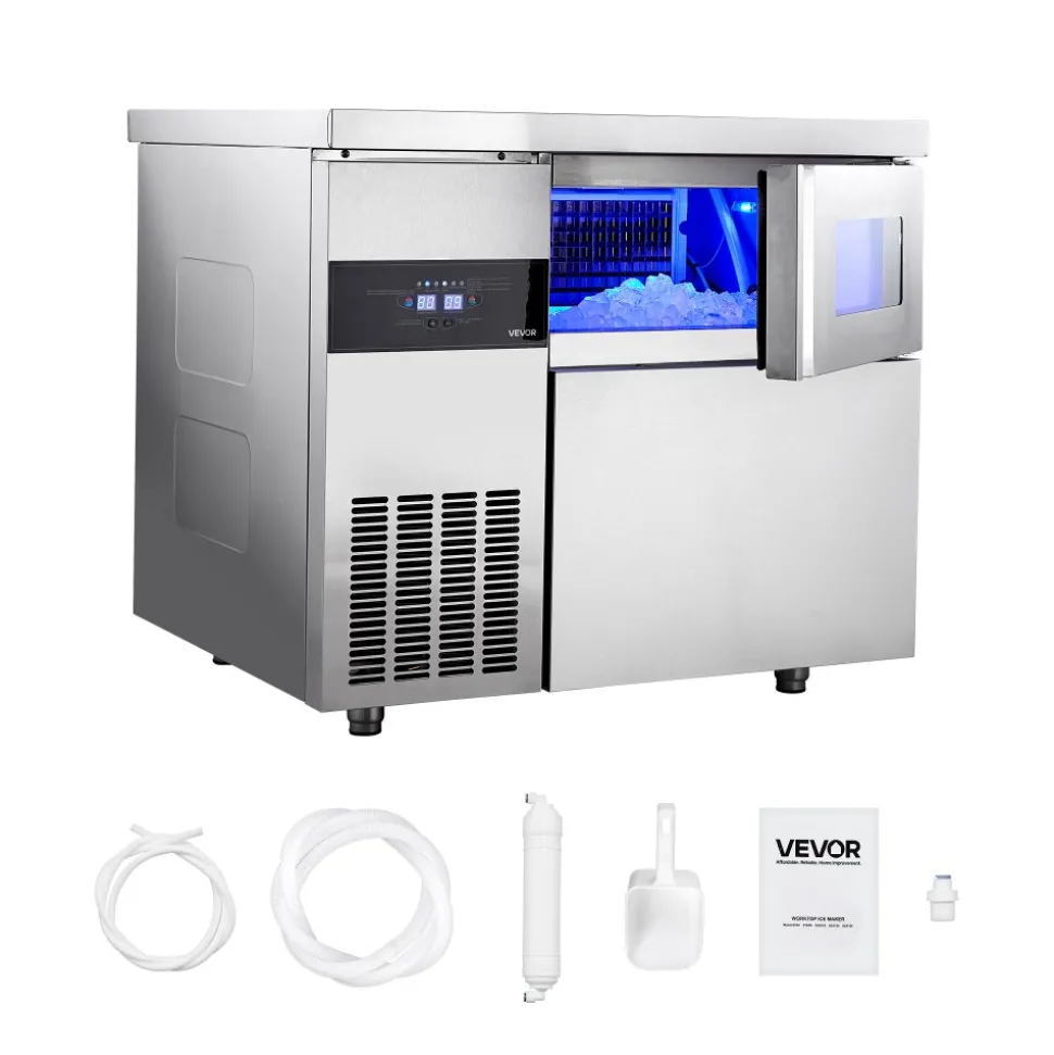 VEVOR Commercial Ice Maker Machine, 220 lbs/24H Stainless Steel Ice Machine with Worktop, 66 lbs Storage & 108 Cubes/Cycle, Self-Cleaning Freestanding Ice-Making for Home Bar Office Restaurant Kitchen