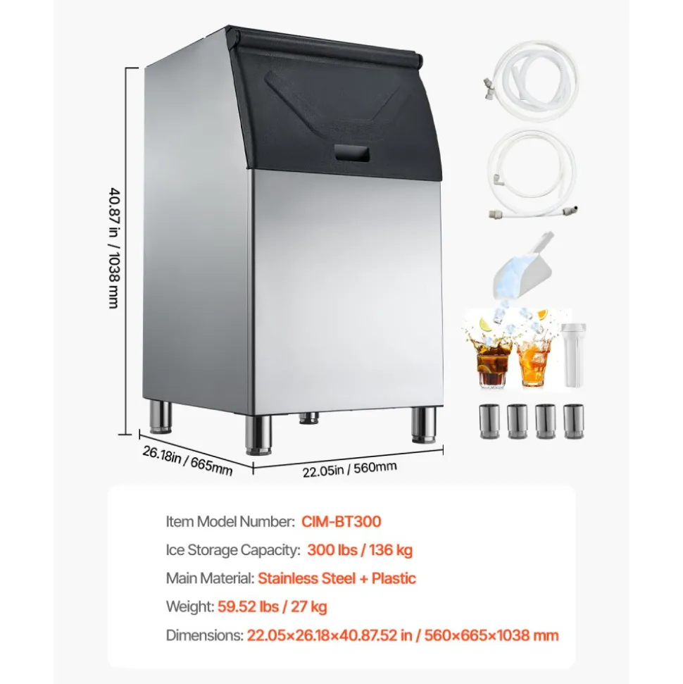 VEVOR Commercial Ice Maker Storage Bin, 300 LBS Capacity Stainless Steel Ice-Bin, Commercial Ice Storage Bin with Adjustable Anti-slip Rubber Feet, Suitable for Restaurant, Hotel and Beverage Shops