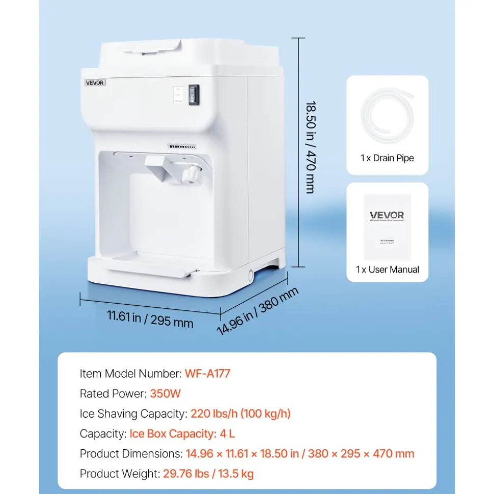 VEVOR Commercial Ice Shaver Crusher, 220lbs Per Hour Electric Snow Cone Maker with 4L Ice Cube Box, 350W 1500RPM Tabletop Shaved Ice Machine for Parties Events Bar, Home and Commercial Use (White)