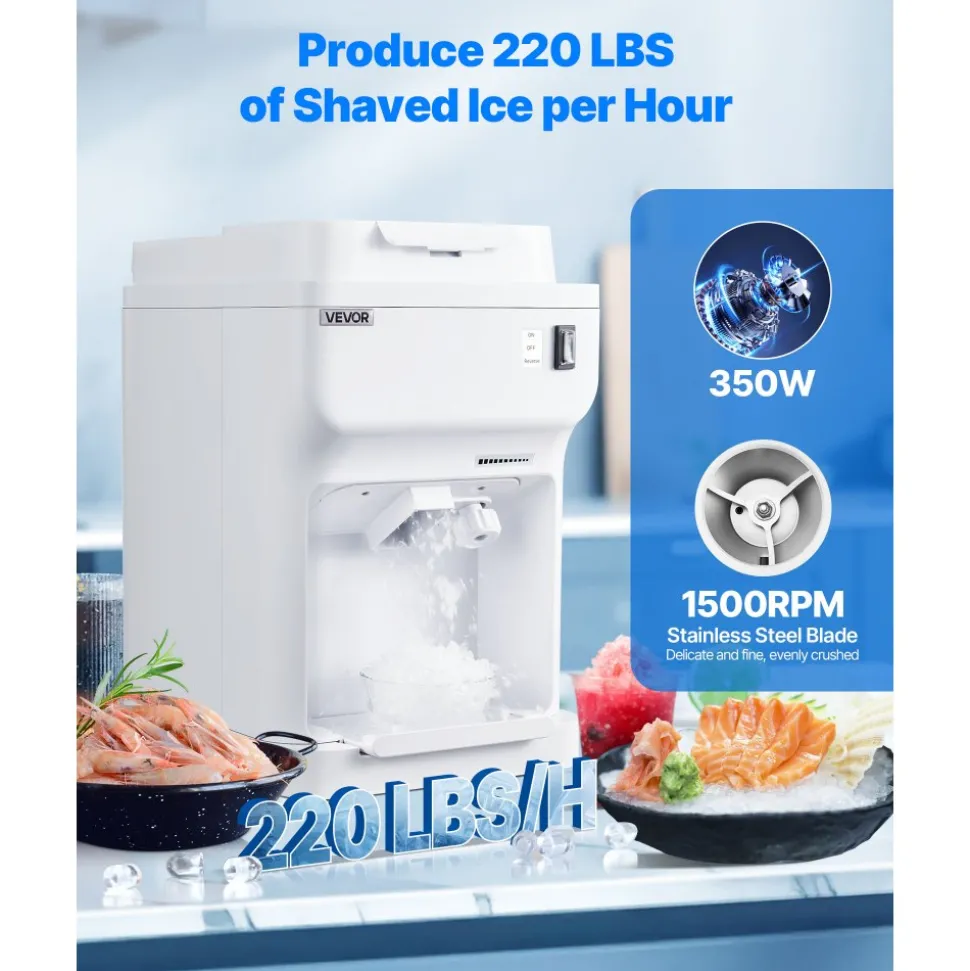 VEVOR Commercial Ice Shaver Crusher, 220lbs Per Hour Electric Snow Cone Maker with 4L Ice Cube Box, 350W 1500RPM Tabletop Shaved Ice Machine for Parties Events Bar, Home and Commercial Use (White)