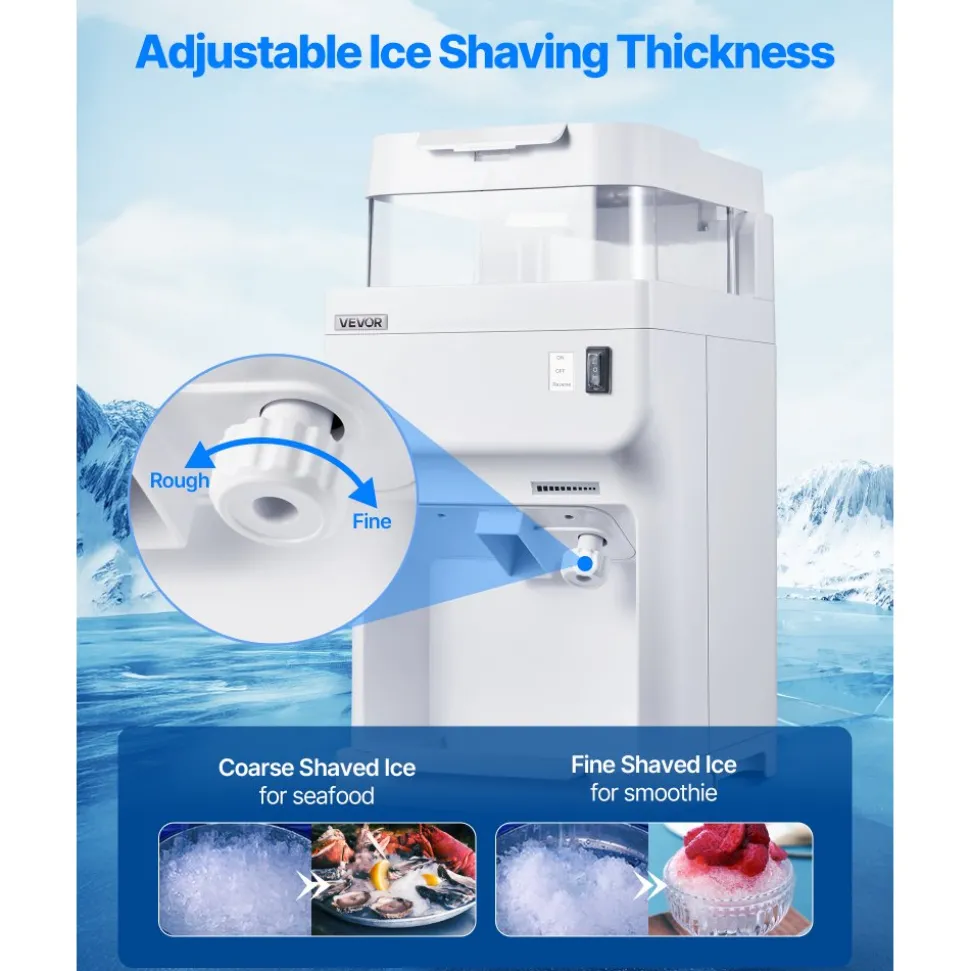 VEVOR Commercial Ice Shaver Crusher, 220lbs Per Hour Electric Snow Cone Maker with 8L Ice Cube Box, 350W 1500RPM Tabletop Shaved Ice Machine for Parties Events Bar, Home and Commercial Use (White)