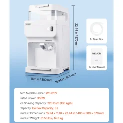 VEVOR Commercial Ice Shaver Crusher, 220lbs Per Hour Electric Snow Cone Maker with 8L Ice Cube Box, 350W 1500RPM Tabletop Shaved Ice Machine for Parties Events Bar, Home and Commercial Use (White)
