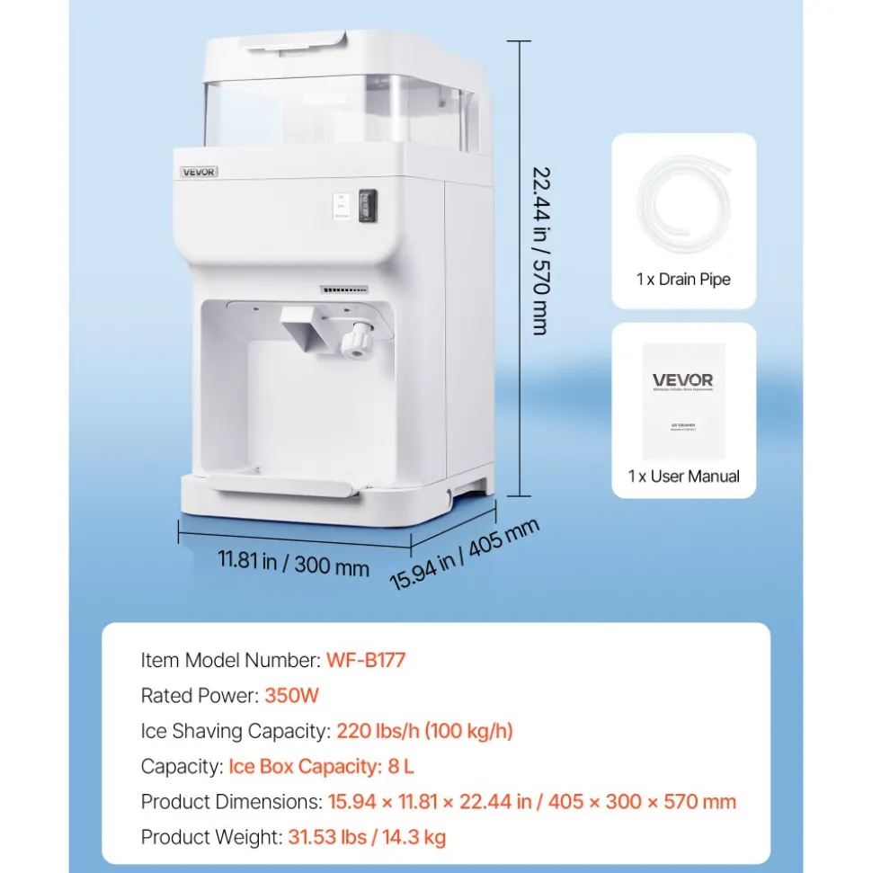 VEVOR Commercial Ice Shaver Crusher, 220lbs Per Hour Electric Snow Cone Maker with 8L Ice Cube Box, 350W 1500RPM Tabletop Shaved Ice Machine for Parties Events Bar, Home and Commercial Use (White)