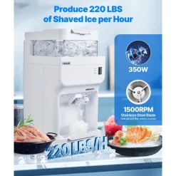 VEVOR Commercial Ice Shaver Crusher, 220lbs Per Hour Electric Snow Cone Maker with 8L Ice Cube Box, 350W 1500RPM Tabletop Shaved Ice Machine for Parties Events Bar, Home and Commercial Use (White)