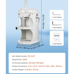 VEVOR Commercial Ice Shaver Crusher, 220lbs/hr Electric Fluffy Ice & Snow Cone Machine, 250W 1500RPM Tabletop Fluffy Shaved-Ice Machine for Parties Events Snack Bar, Home and Commercial Use (White)