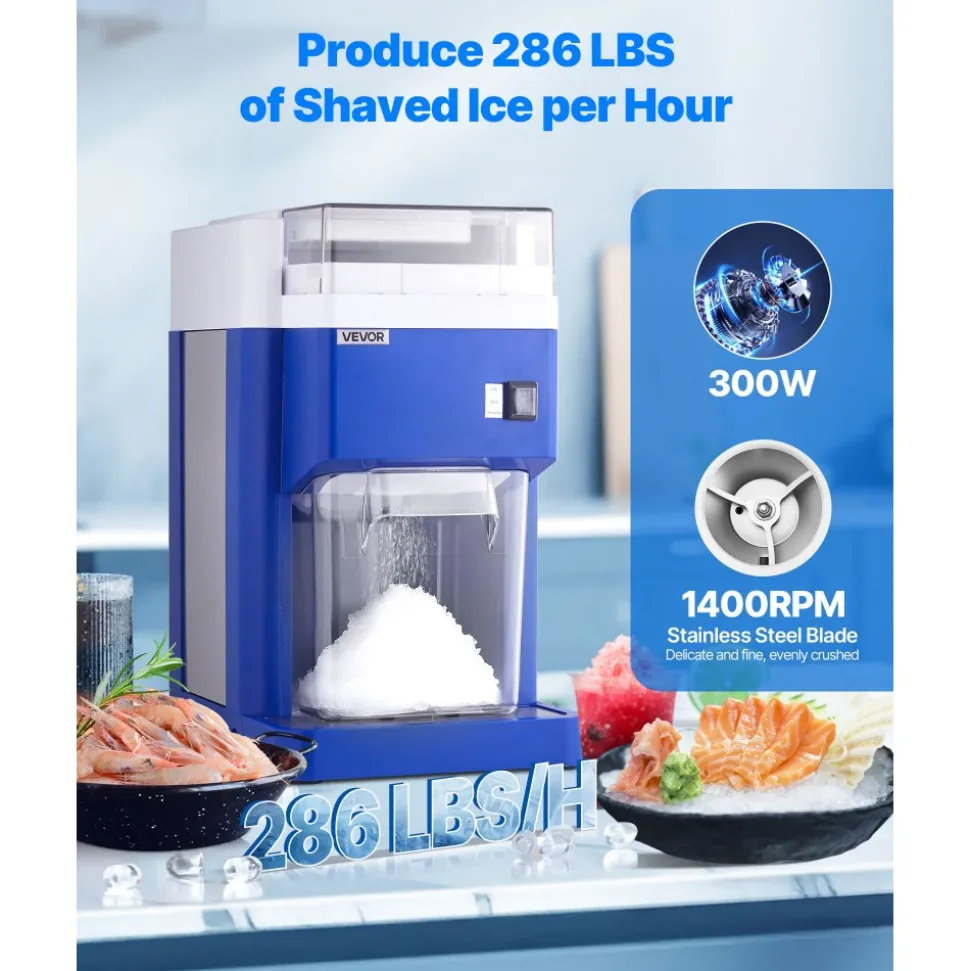 VEVOR Commercial Ice Shaver Machine, 1.91QT /1.8L Large Electric Snow Cone Machine, Fine & Fluffy with 300W Motor, Stainless Steel Blades, Shaved Ice Maker for Dessert Shop Home Party Restaurant, Blue