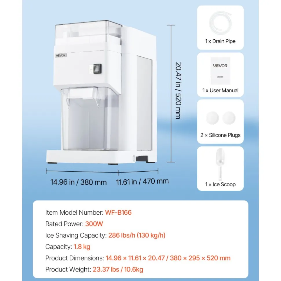 VEVOR Commercial Ice Shaver Machine, 1.91QT /1.8L Large Electric Ice Cube Crusher Shaved Maker with 300W Premium Motor, Stainless Steel Blades, for Bar Mixing Seafood Preservation Home Party, White