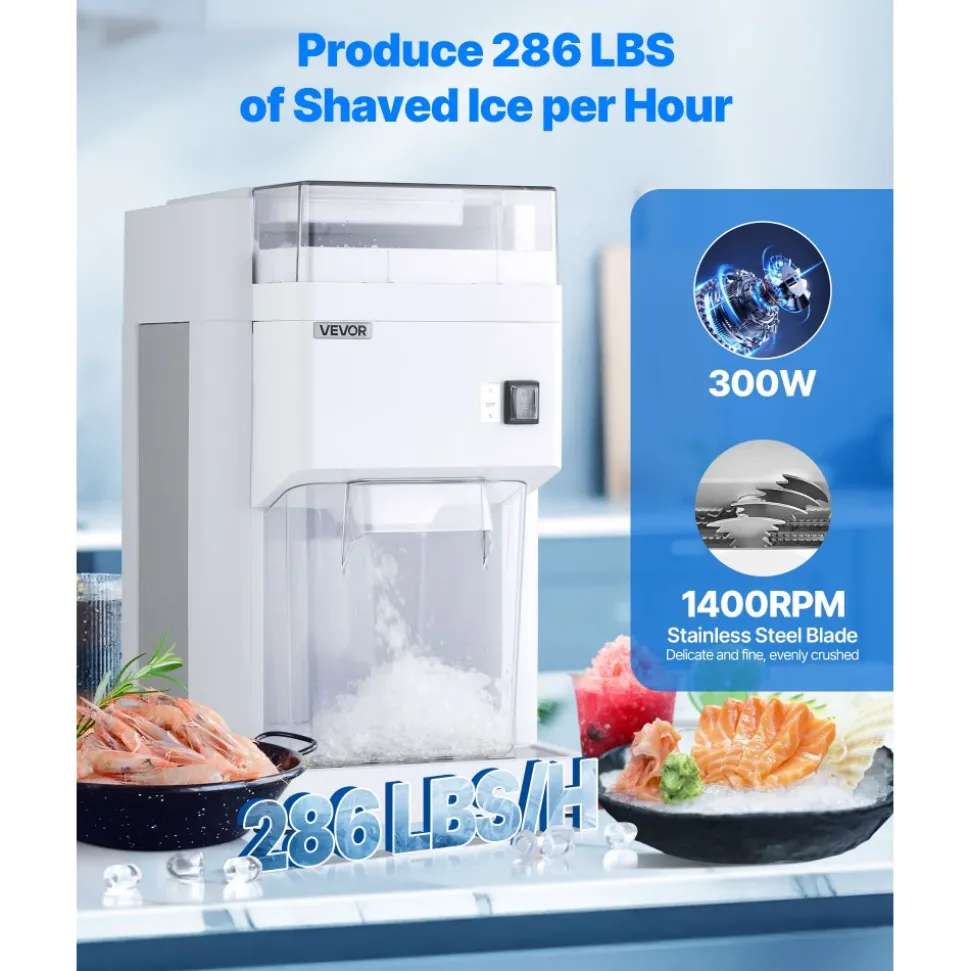 VEVOR Commercial Ice Shaver Machine, 1.91QT /1.8L Large Electric Ice Cube Crusher Shaved Maker with 300W Premium Motor, Stainless Steel Blades, for Bar Mixing Seafood Preservation Home Party, White