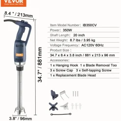 VEVOR Commercial Immersion Blender 500W Power, Hand Held Mixer with 15.7-Inch 304 Stainless Steel Removable Shaft, Electric Stick Blender Variable Speed 4000-16000RPM