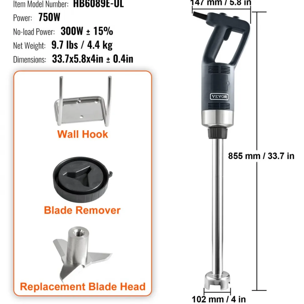 VEVOR Commercial Immersion Blender, 750W 16" Heavy Duty Hand Mixer, Variable Speed Kitchen Stick Mixer with 304 Stainless Steel Blade, Multi-Purpose Portable Mixer for Soup, Smoothie, Puree, Baby Food