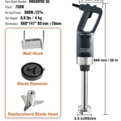 VEVOR Commercial Immersion Blender, 750W 12" Heavy Duty Hand Mixer, Variable Speed Kitchen Stick Mixer with 304 Stainless Steel Blade, Multi-Purpose Portable Mixer for Soup, Smoothie, Puree, Baby Food