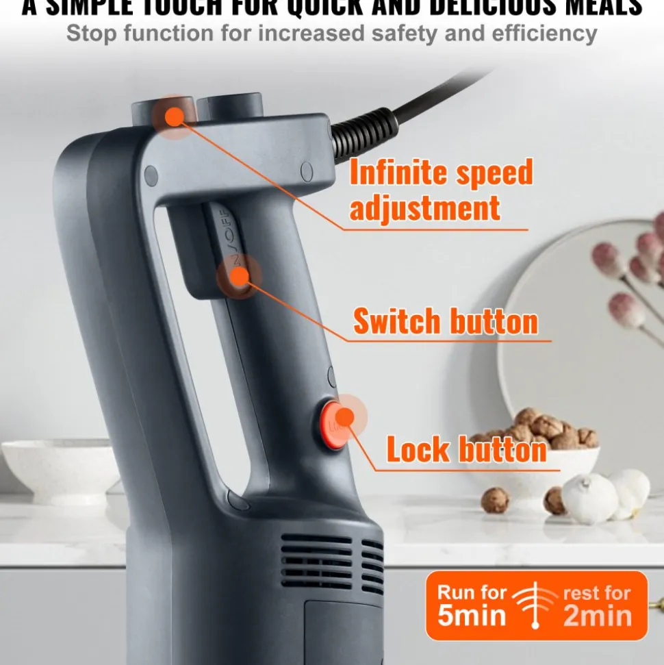 VEVOR Commercial Immersion Blender, 750W 12" Heavy Duty Hand Mixer, Variable Speed Kitchen Stick Mixer with 304 Stainless Steel Blade, Multi-Purpose Portable Mixer for Soup, Smoothie, Puree, Baby Food