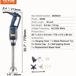VEVOR Commercial Immersion Blender, 350W Heavy Duty Hand Mixer, 16 inch Stepless Variable Speed Mixer with Stainless Steel Blade, Multi-Purpose Portable Mixer for Soup, Sauces, Mashed Potatoes, Cream