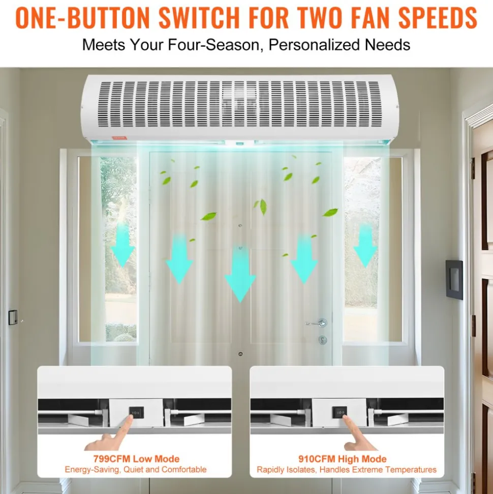 VEVOR 48" Commercial Indoor Air Curtain Super Power 2 Speeds 1650CFM, Wall Mounted Air Curtains for Doors, Indoor Over Door Fan with Heavy Duty Limit Switch, Easy-Install 110V Unheated