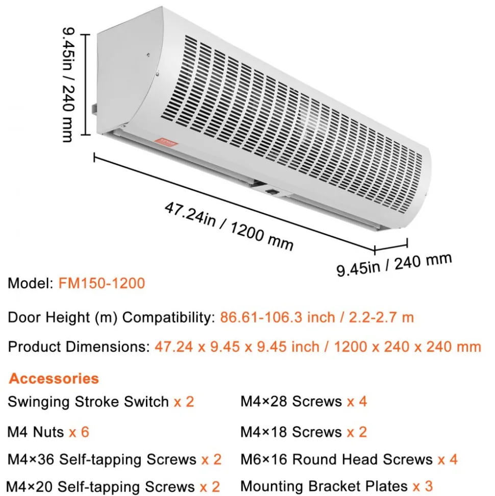 VEVOR 48" Commercial Indoor Air Curtain Super Power 2 Speeds 1650CFM, Wall Mounted Air Curtains for Doors, Indoor Over Door Fan with Heavy Duty Limit Switch, Easy-Install 110V Unheated