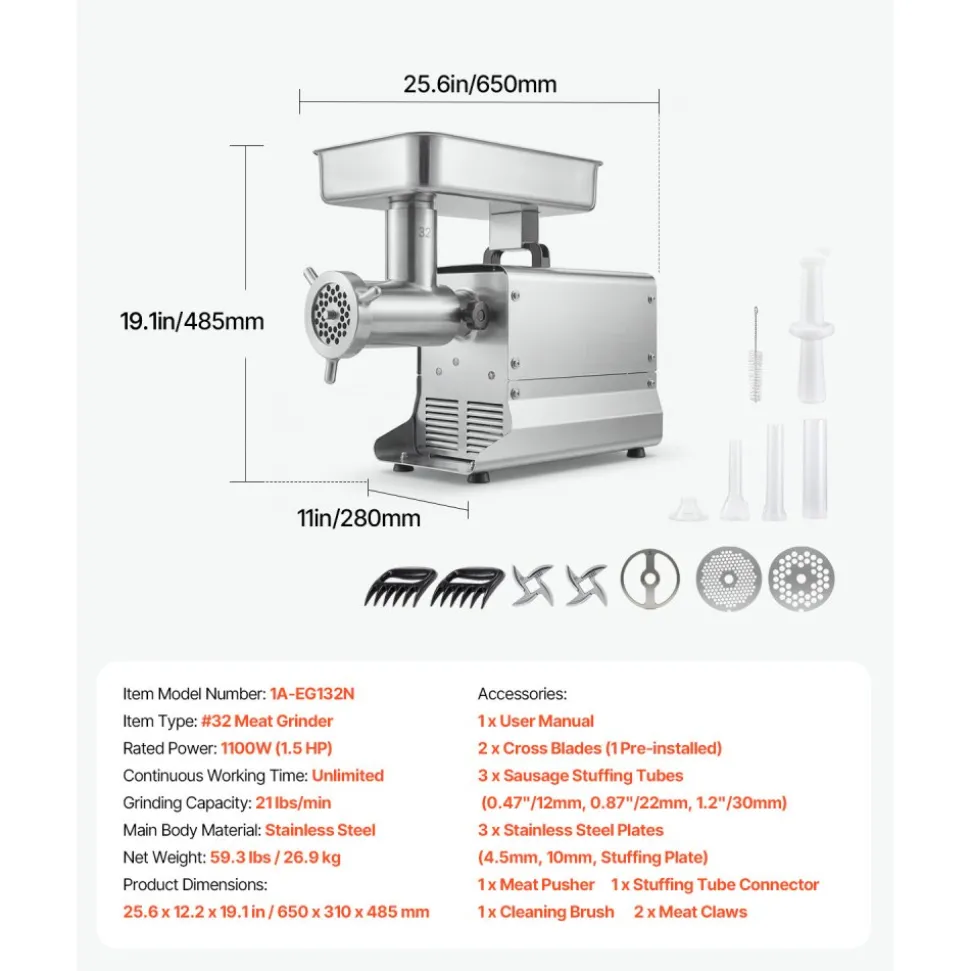 VEVOR Commercial Meat Grinder, 21 Lbs/Min Capacity, #32 Electric Meat Mincer with 3 Plates, 3 Sausage Stuff Tubes, 1100W/1.5HP Stainless Steel Sausage Maker for Home Kitchens & Restaurants, ETL Listed