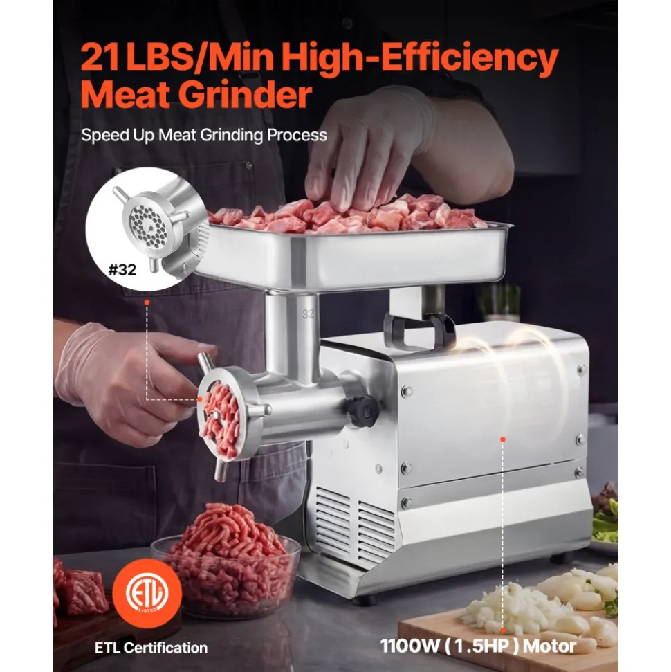 VEVOR Commercial Meat Grinder, 21 Lbs/Min Capacity, #32 Electric Meat Mincer with 3 Plates, 3 Sausage Stuff Tubes, 1100W/1.5HP Stainless Steel Sausage Maker for Home Kitchens & Restaurants, ETL Listed