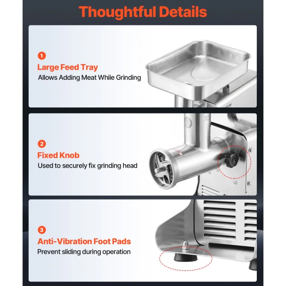 VEVOR Commercial Meat Grinder, 21 Lbs/Min Capacity, #32 Electric Meat Mincer with 3 Plates, 3 Sausage Stuff Tubes, 1100W/1.5HP Stainless Steel Sausage Maker for Home Kitchens & Restaurants, ETL Listed